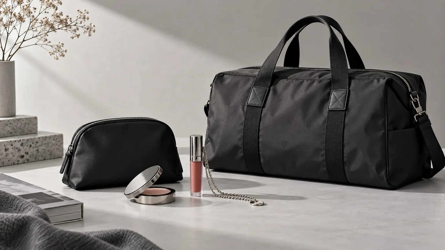 Editorial still life of a black cosmetic pouch, compact, lip tint, chain accessory, and soft duffel bag.