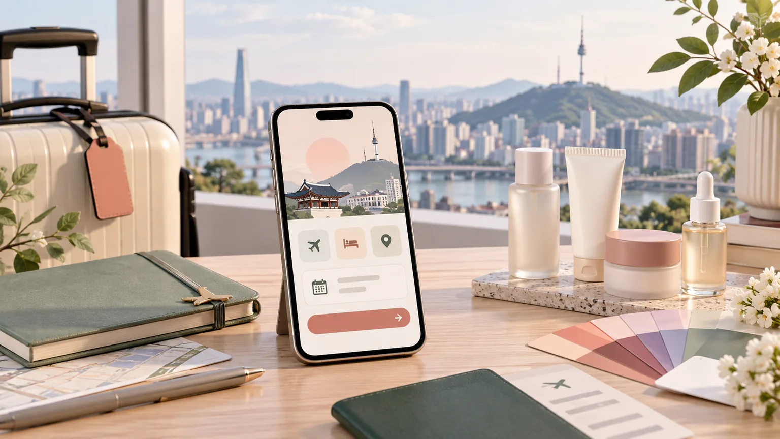 Conceptual still life of a smartphone booking a Seoul beauty trip beside skincare and color swatches