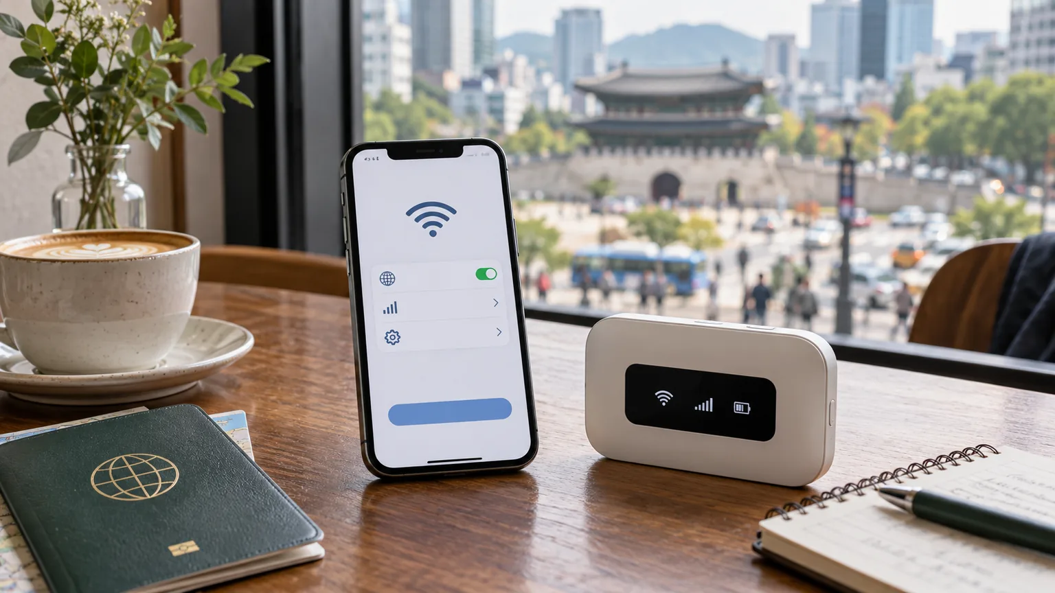 A smartphone and a compact pocket WiFi router on a café table overlooking Seoul