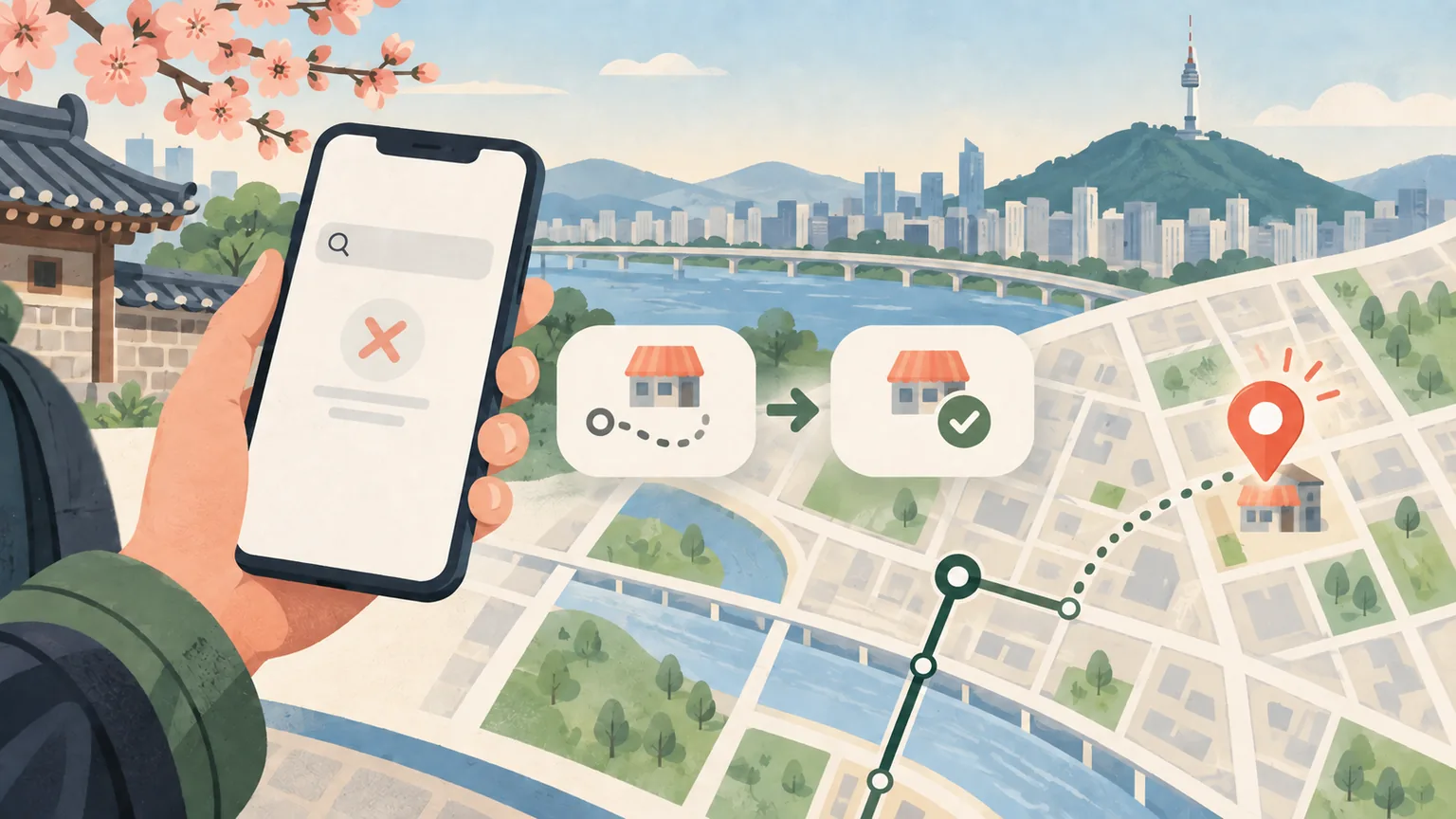 Editorial illustration of a traveler converting a failed place search into a verified destination on a Seoul map